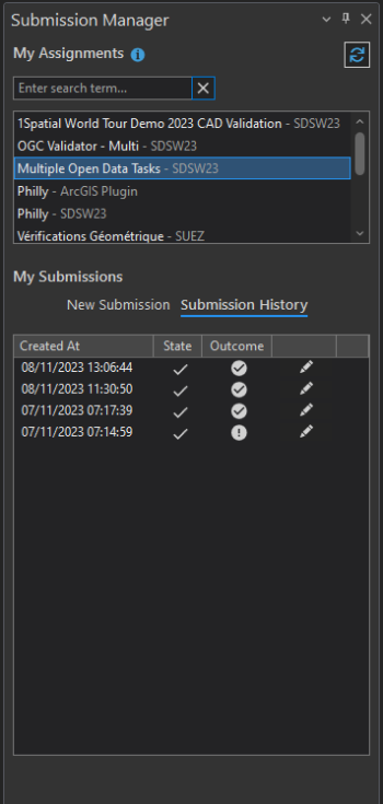 Submission Manager with the Submission History showing