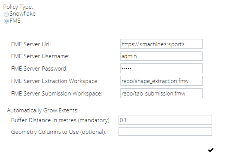 Example parameters for an FME Exchange Policy, where: FME Server URL is  "https://<machine>:<port>", FME Server Username is "admin", FME Server Password is hiddend, FME Server Extraction Workspace is "repo/shape_extraction.fmw and FME Server Submission Workspace is "repo/tab_submission.fmw".