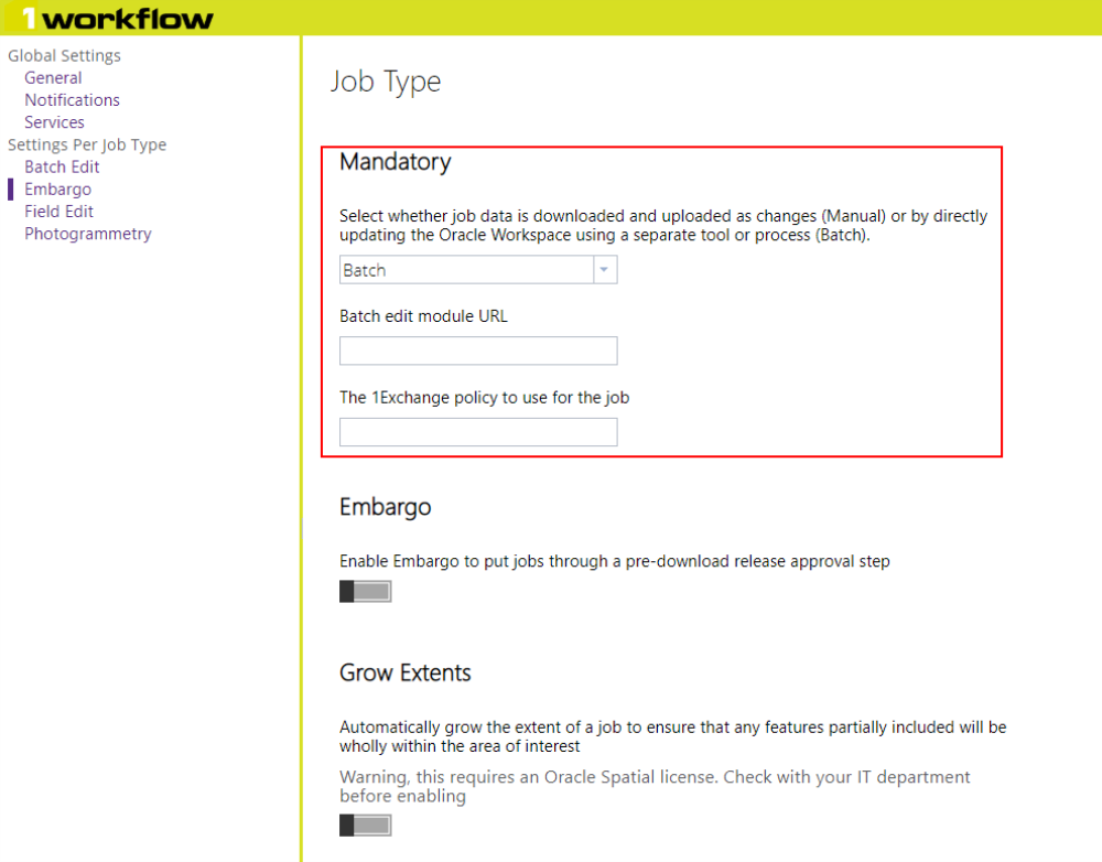 The mandatory section highlighted in the job type section