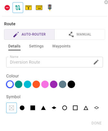 Diversion route feature palette