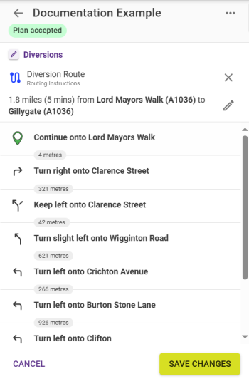 Diversion Plan Panel featuring the route instructions.