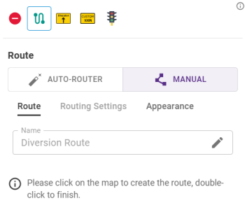 Diversion route feature palette for Manually created routes