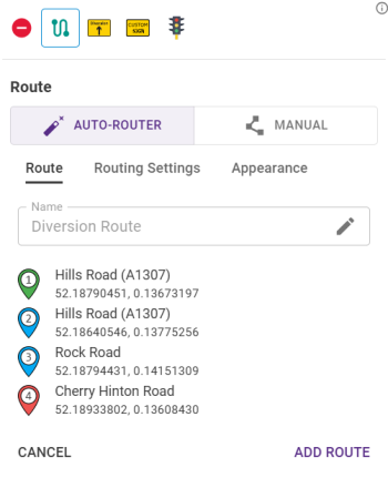 Diversion route feature palette Route tab