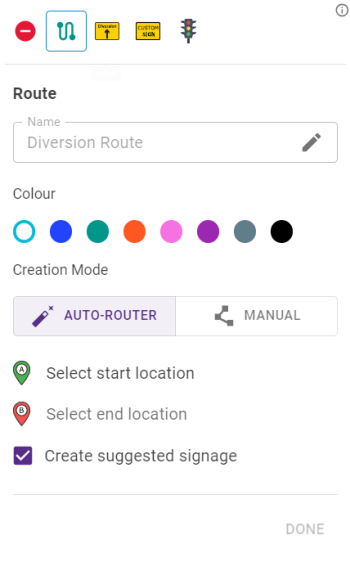 Diversion route feature palette