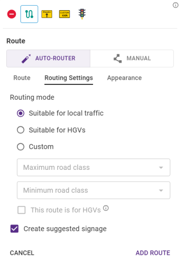 Diversion route feature palette Routing Settings tab