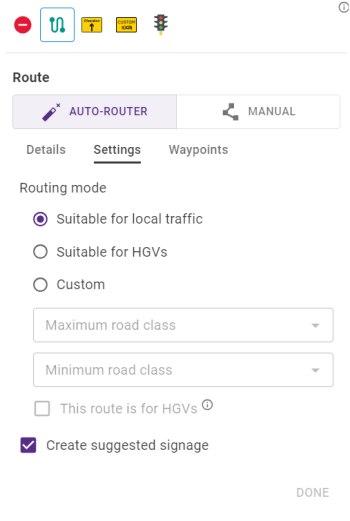 Diversion route feature palette Settings tab