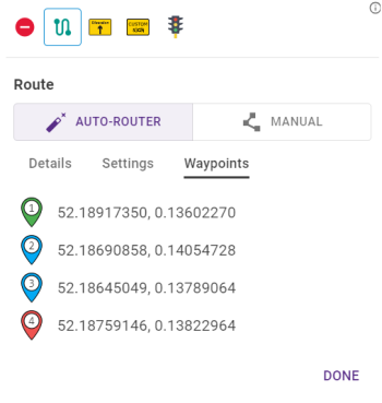 Diversion route feature palette Waypoints tab