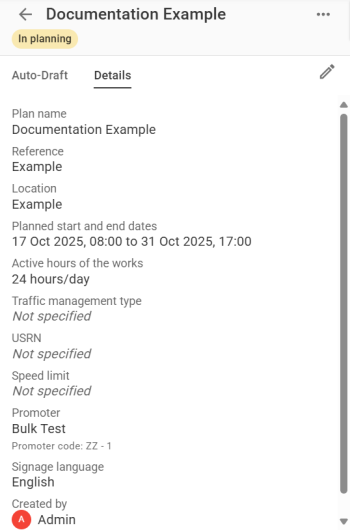 In Planning Plan Details tab