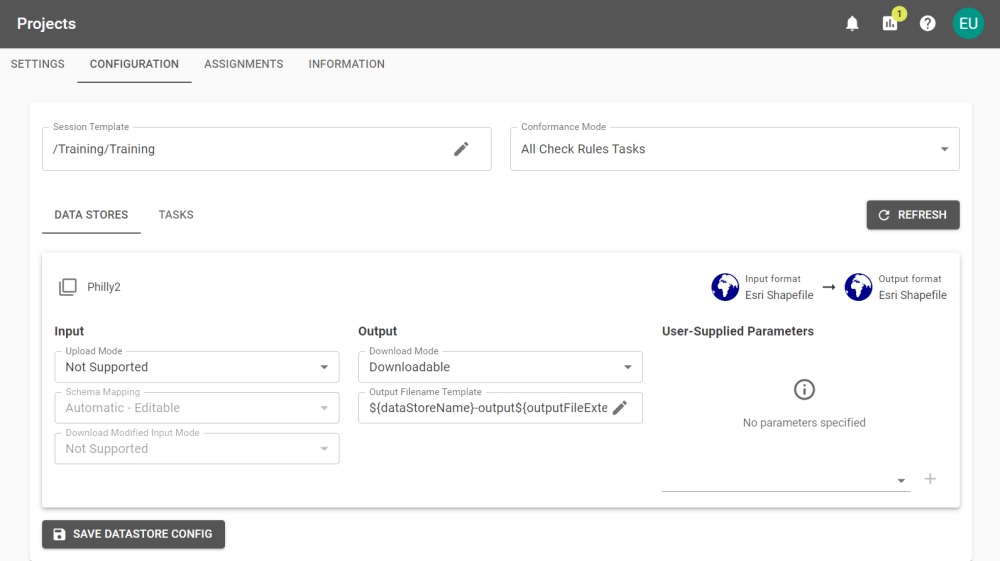 A Project's configuration screen showing the data stores with inputs and outputs.