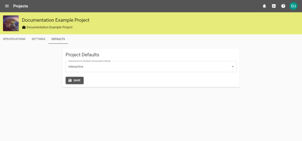The Project Defaults page with the default automation set to Interactive.