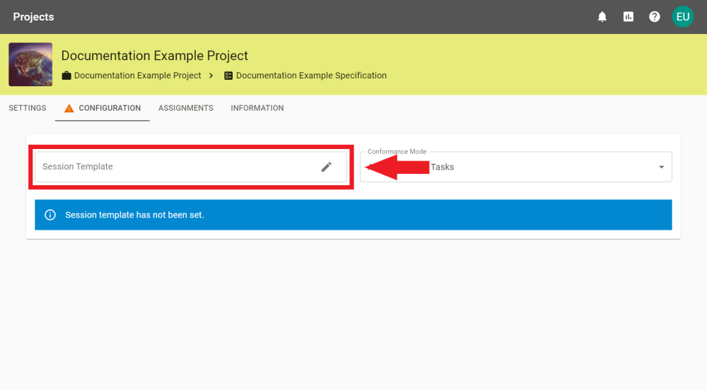 The Configuration tab with the Session Template field annotated.