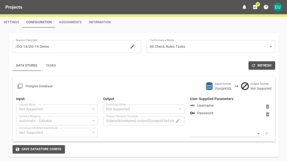 A Specification's configuration screen showing Username and Password parameters to connect to an external Data Store.