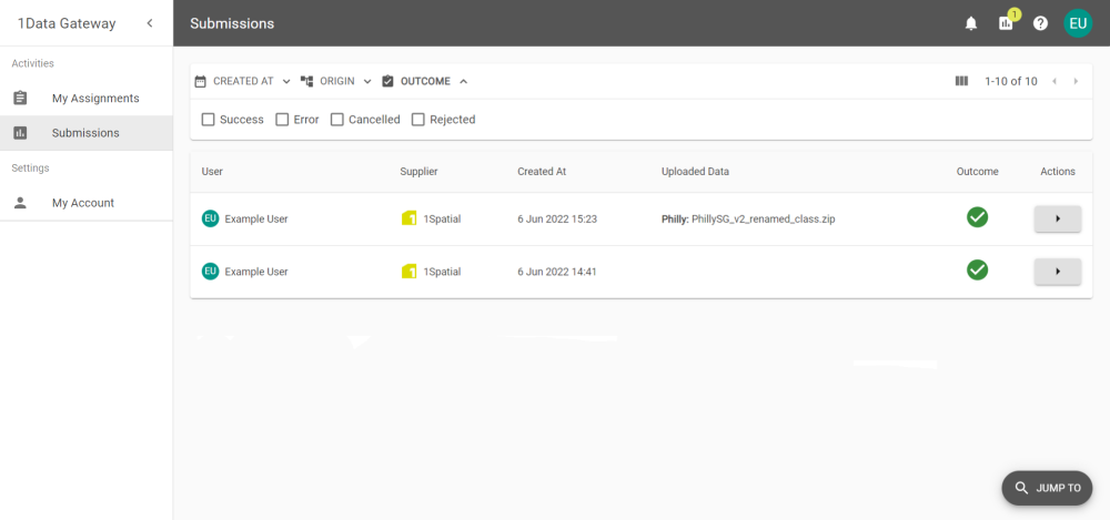 The Submissions tab from a Users view.
