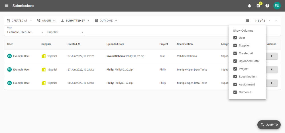 Column options in the Submissions tab from an Administrators interface.