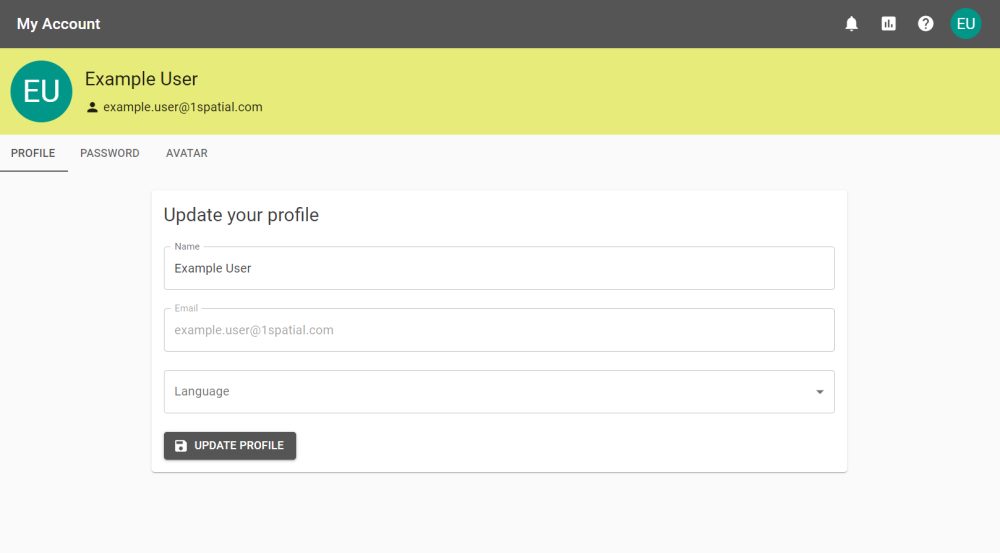 Update your profile screen with text boxes for Name and Email Address. Also features the warning that profile management might be configured by your organisation.