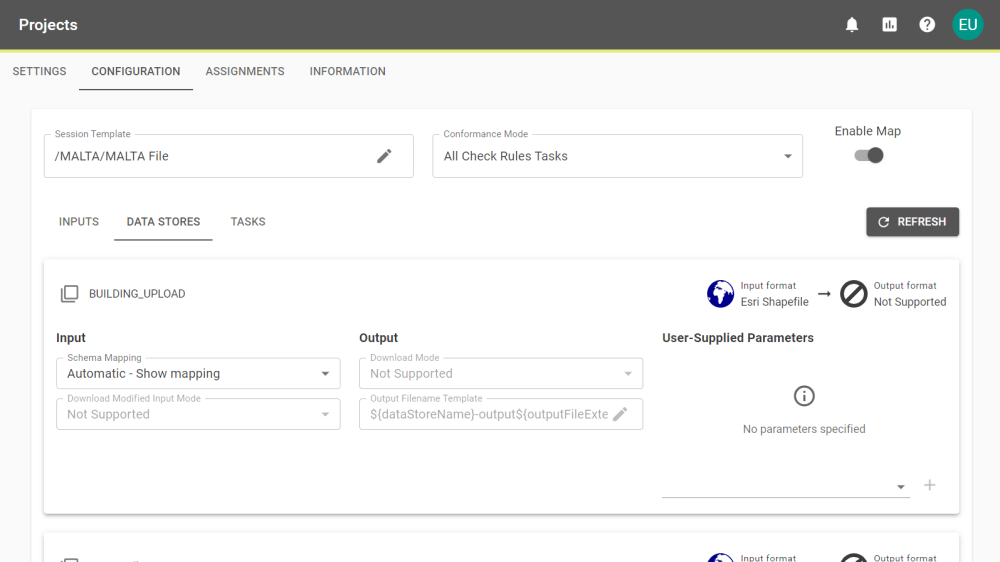 A Project's configuration screen showing the data stores with inputs and outputs.