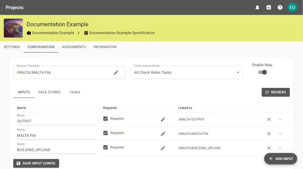 A Project's configuration page showing three inputs required by the Session.