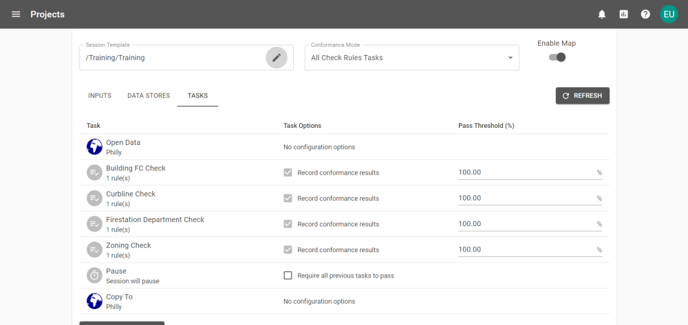 Project Configuration showing the list of tasks that a submission would perform in the processing phase.
