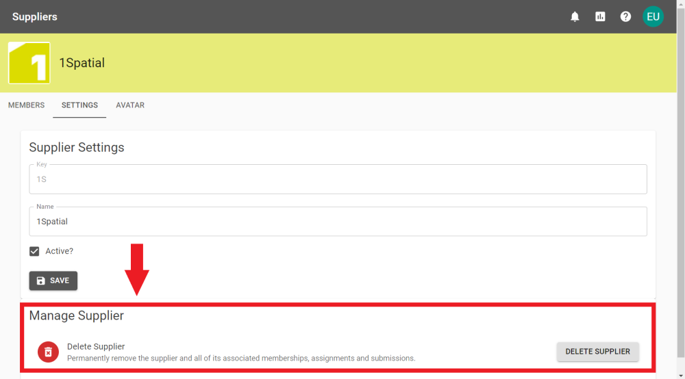 The bottom of the Supplier Settings page with the Manage Supplier Panel annotated.