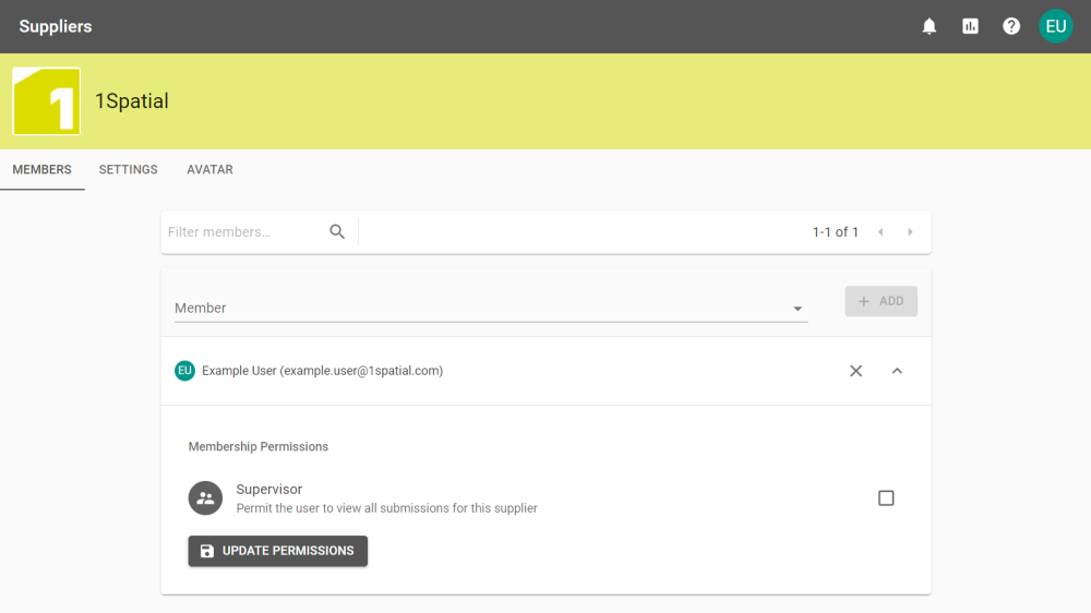 Members tab for a supplier with a member expanded to grant supervisior permissions.