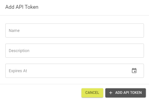 Add API Token popout requiring a name, description, and an expiration.