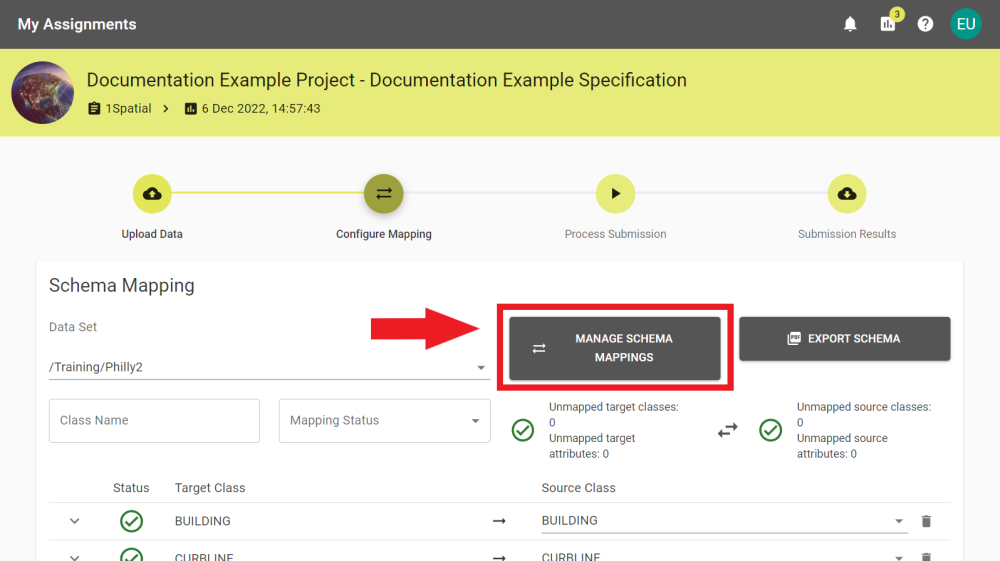 Configure Mapping stage with Manage Schema Mapping button annotated.