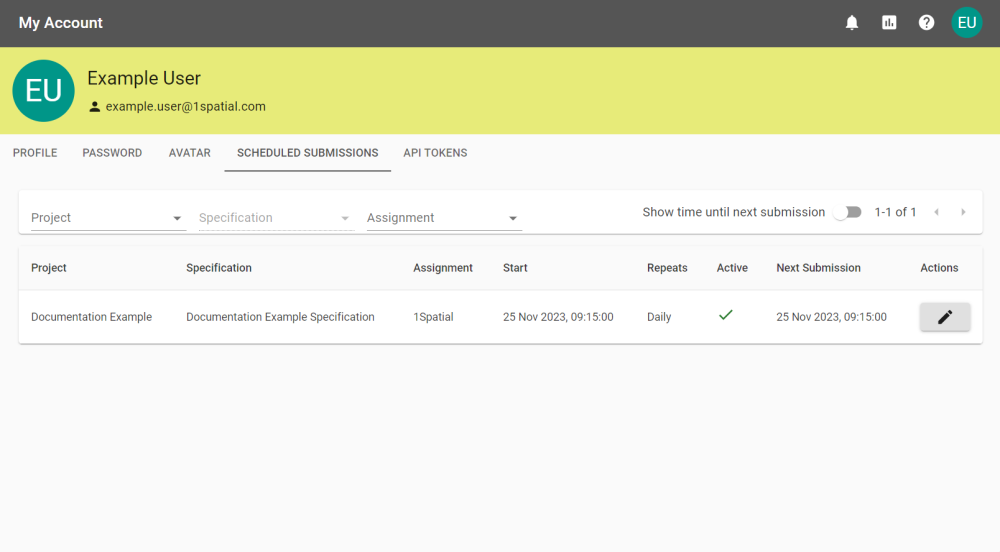 Submissions Scheduled showing a scheduled submission.