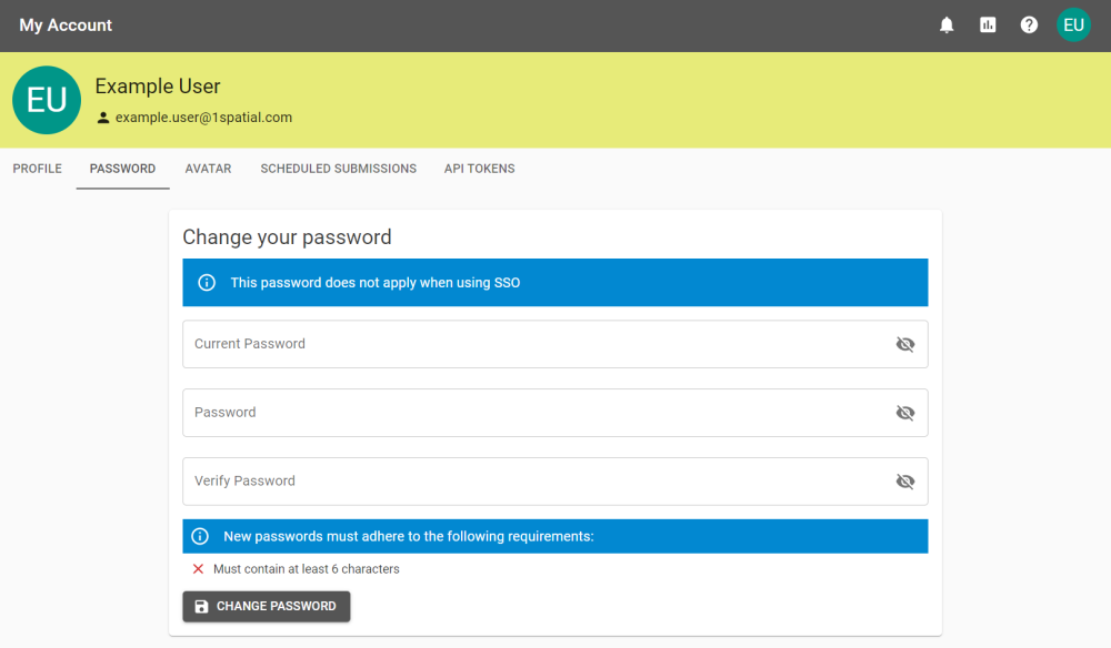 Change your password screen with text boxes for Current Password, (new) Password, and Verify Password. Also features the warning that passwords might be configured by your organisation.