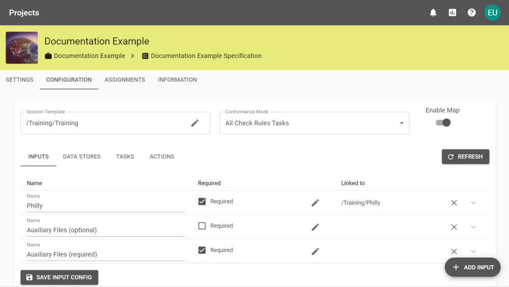 A Project's configuration page showing three inputs required by the Session. 