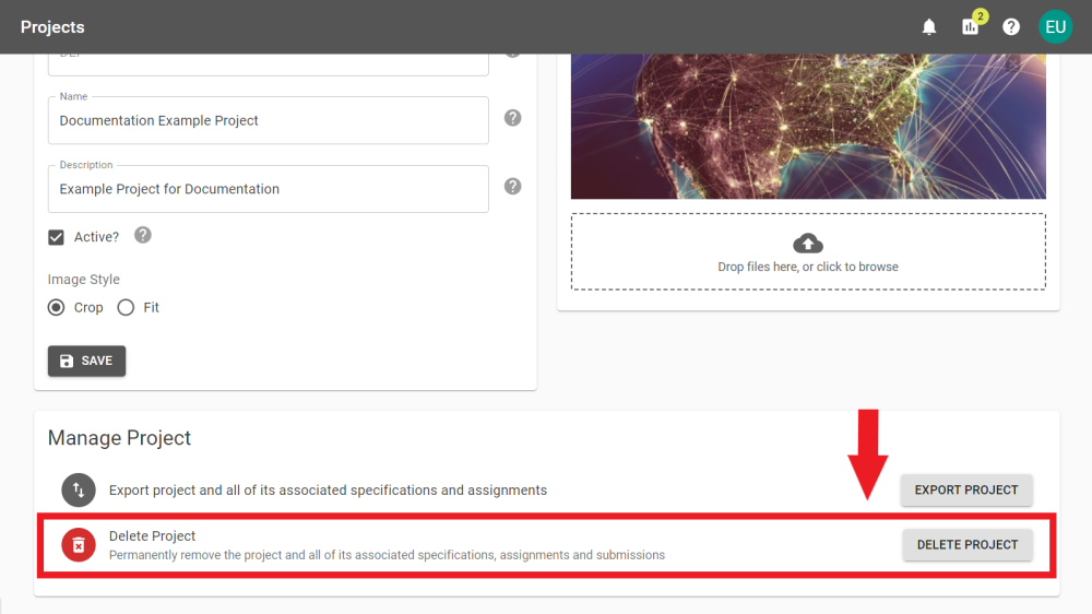 The bottom of the Project Settings page with the delete Project annotated.