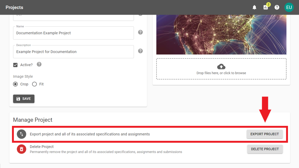 The bottom of the Project Settings page with the export project annotated.