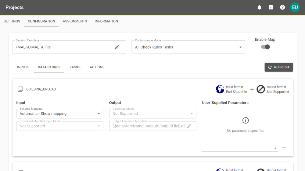 A Project's configuration screen showing the data stores with inputs and outputs.