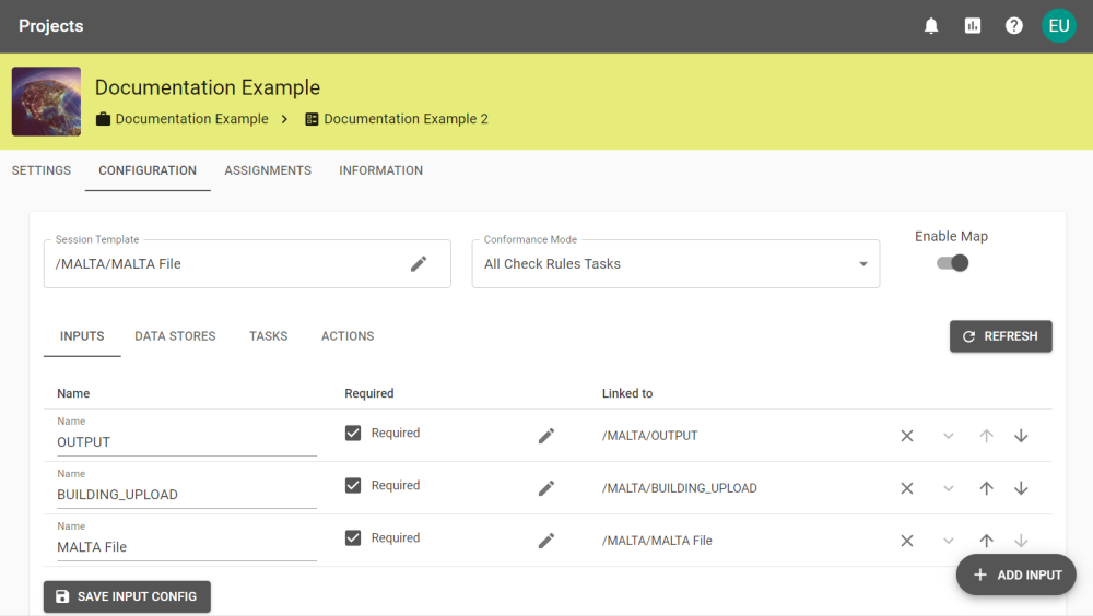 A Project's configuration page showing three inputs required by the Session. 