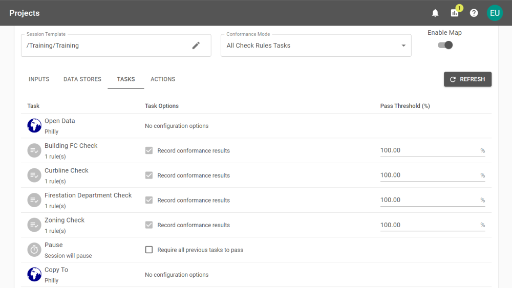 Project Configuration showing the list of tasks that a submission would perform in the processing phase.