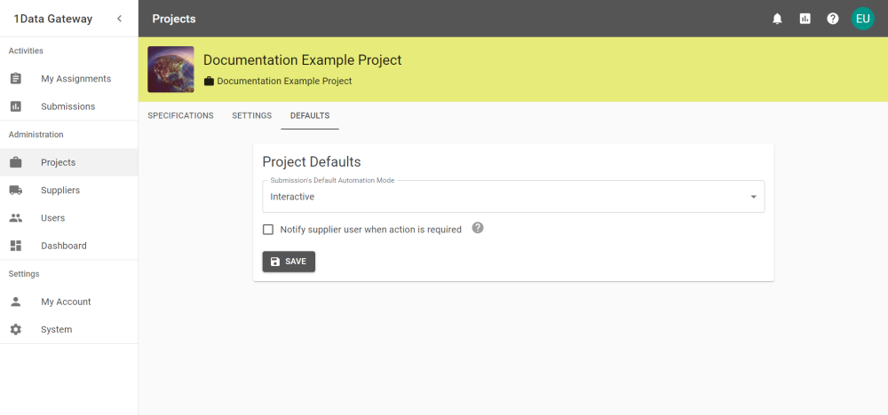 The Project Defaults page with the default automation set to Interactive.