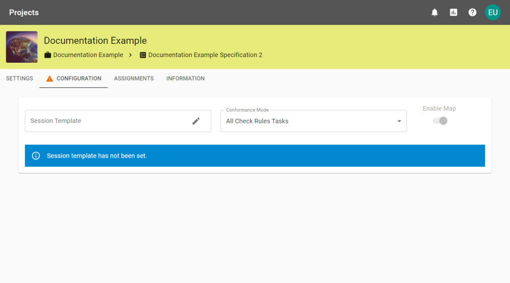 The Configuration tab with the Session Template field annotated.