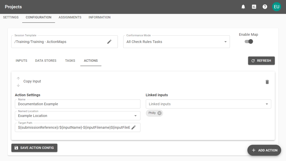 A Project's configuration page showing three inputs required by the Session. 