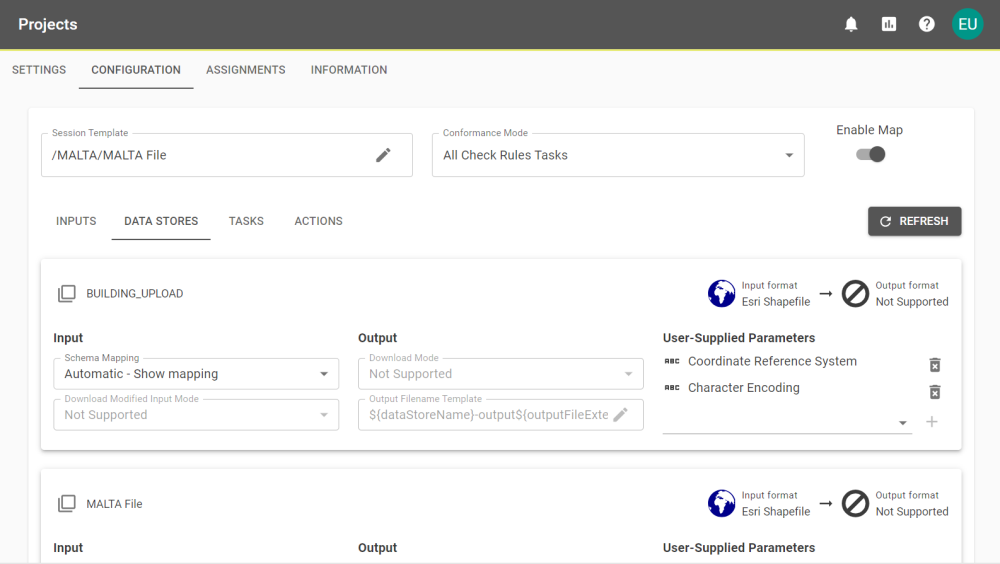 A Specification's configuration screen showing Coordinate Reference System and Character Encoding parameters.