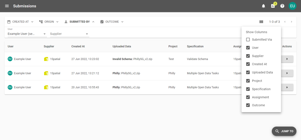 Column options in the Submissions tab from an Administrators interface.