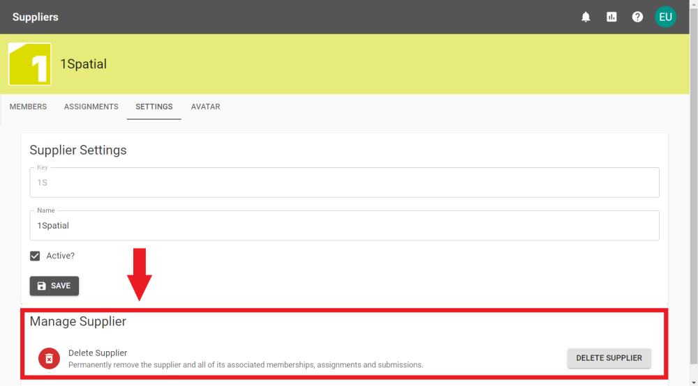 The bottom of the Supplier Settings page with the Manage Supplier Panel annotated.