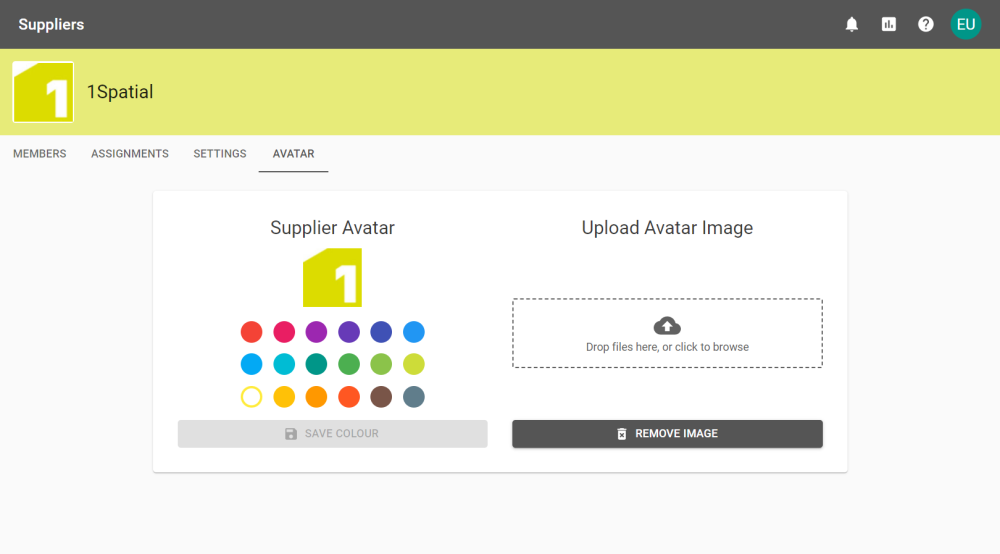 The Avatar tab for a Supplier, showing the 1Spatial Logo as the current avatar.