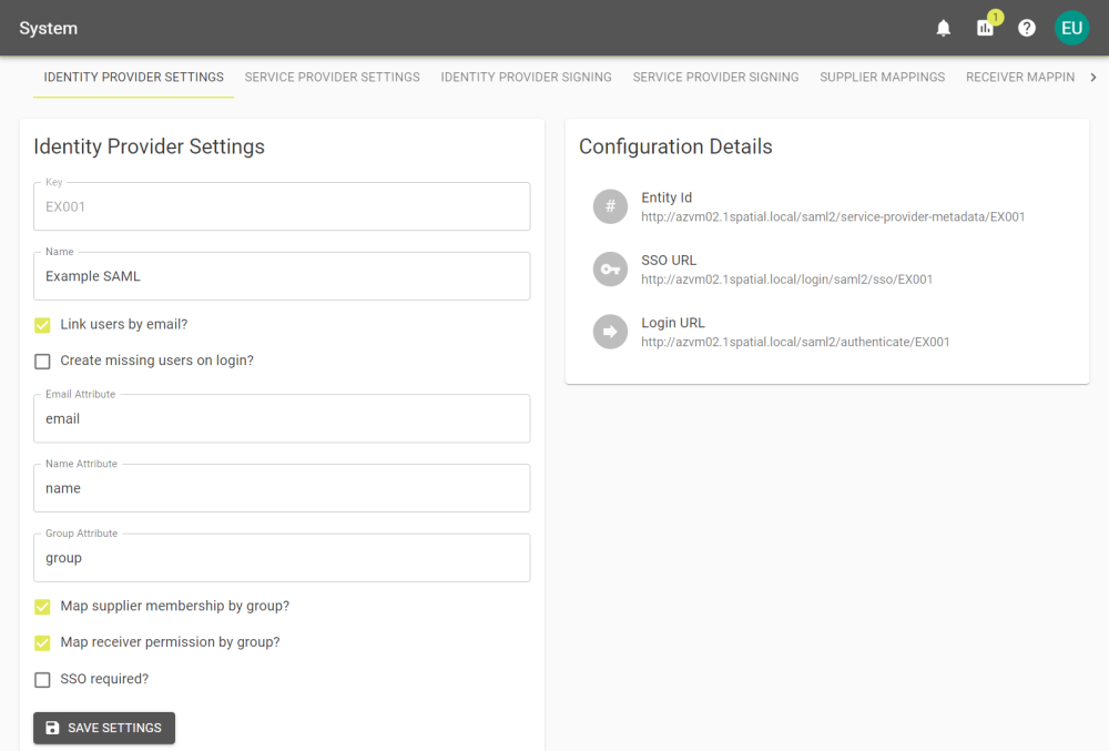 Identity Provider Settings tab for a SAML provider.