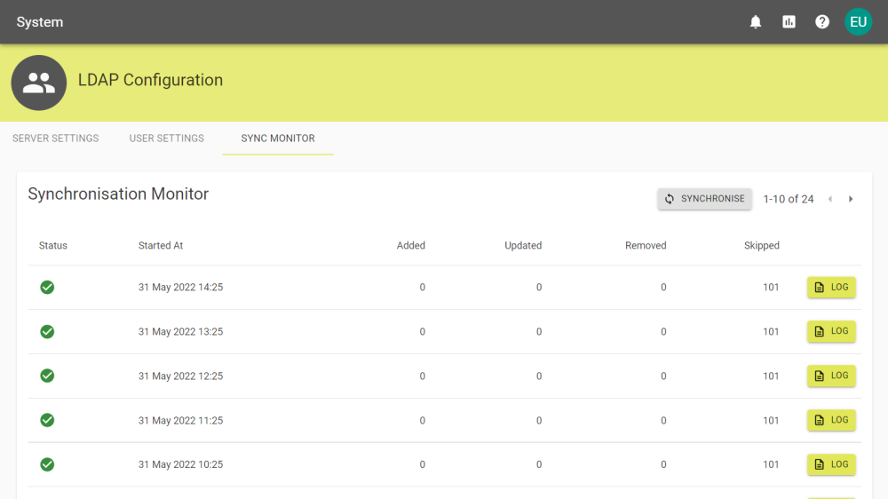 Sync monitor tab filled with logs that resync every hour.