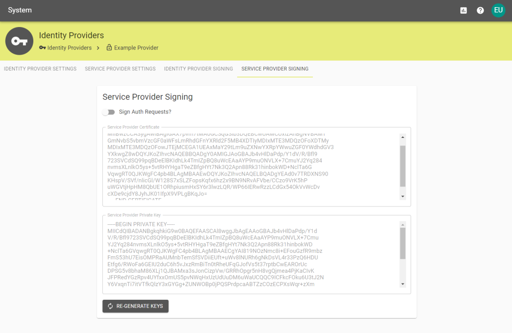 Service Privider Signing tab for a SAML provider, showing the generated keys.