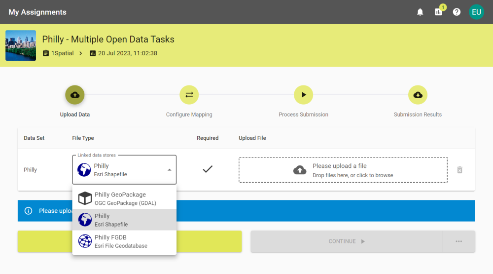 Upload Data stage where a virus scan is enabled and waiting for data to be uploaded.