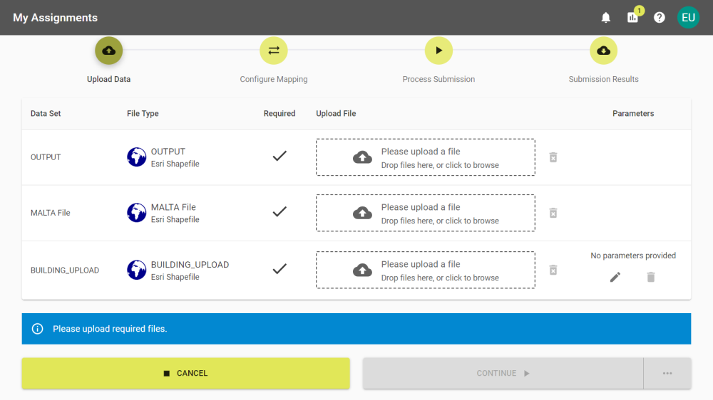 Upload Data stage where a virus scan is enabled and waiting for data to be uploaded.