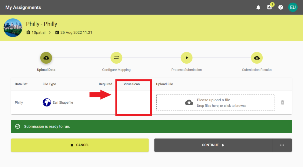 Upload Data stage where a virus scan is enabled and waiting for data to be uploaded.