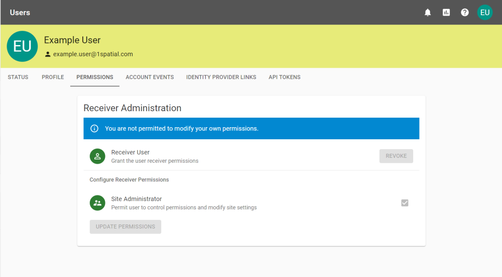 The User Permissions tab outlining what permissions a user has eg. the user is a Site Administrator.