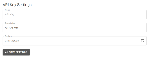 API Key Settings popout allowing the key details to be edited.