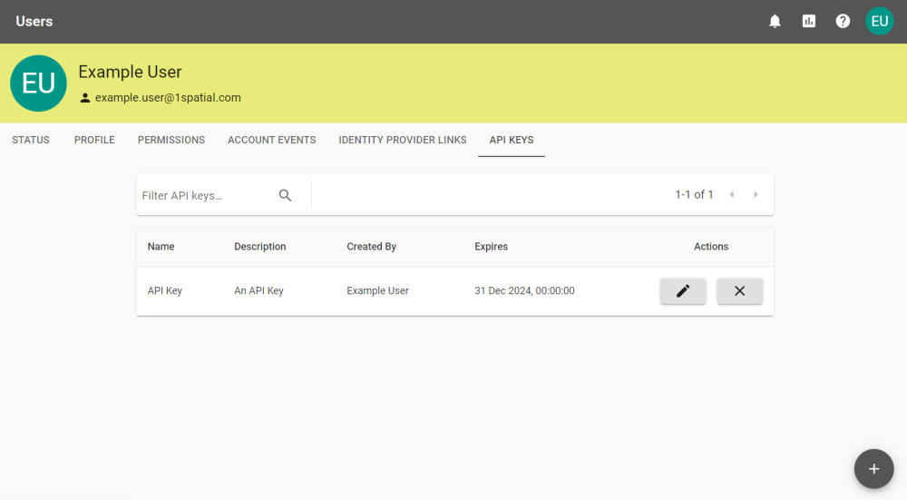 API keys tab with an example key listed.